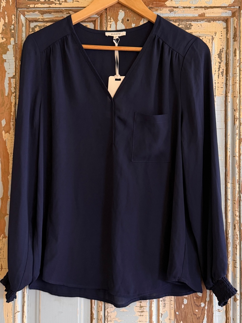 Pleione Navy V-Neck Long Sleeve Blouse
